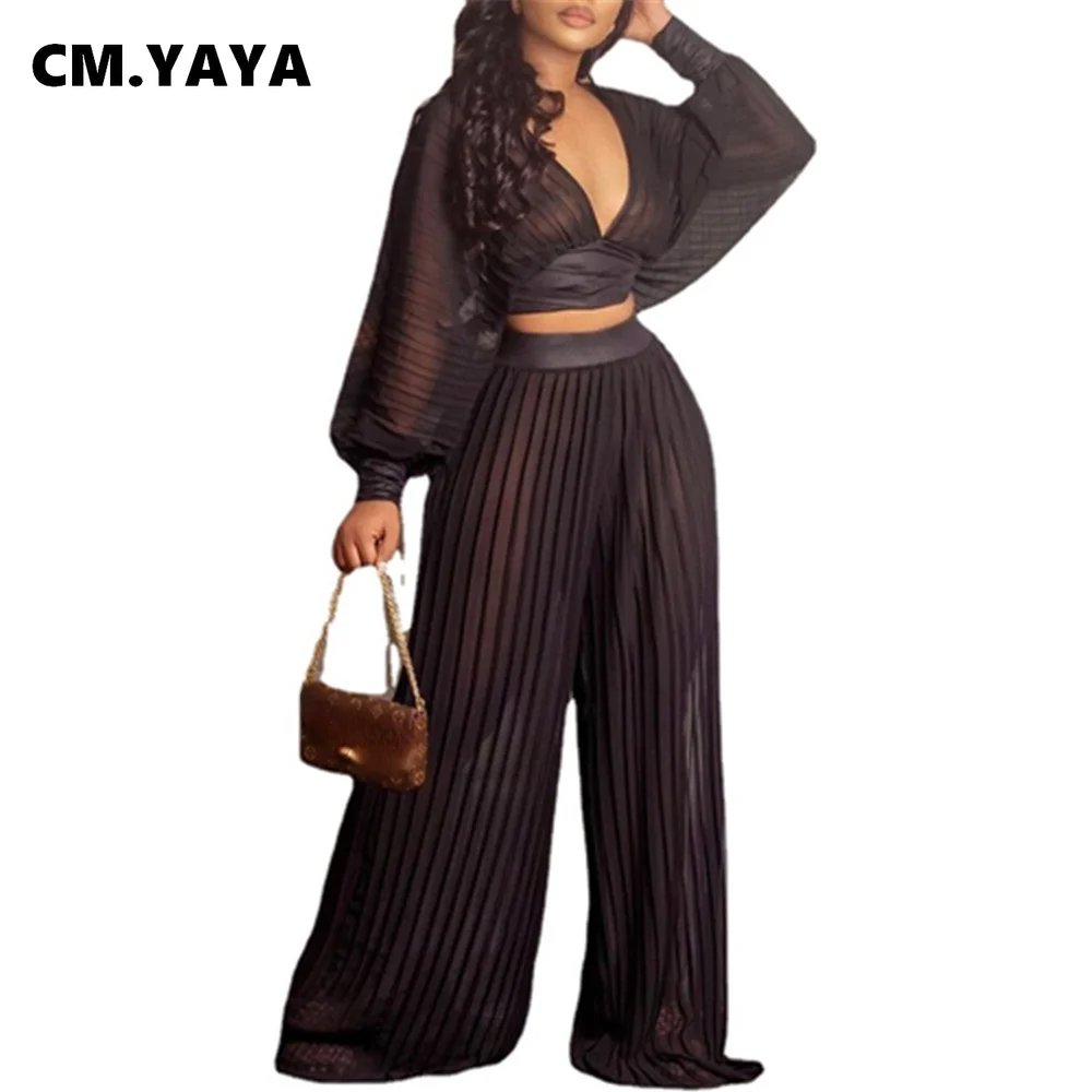 CM.YAYA Women Tracksuit Solid See-through Pleated Cleavage Crop Tops Wide Leg Pants Two 2 Piece Set Fashion Outfit Autumn 2021
CM.YAYA Women Tracksuit Solid See-through Pleated Cleavage Crop Tops Wide Leg Pants Two 2 Piece Set Fashion Outfit Autumn 2021