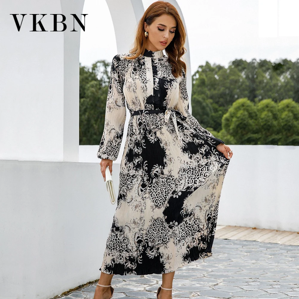 

VKBN Summer Maxi Dress Woman Folds Party Night Empire Long Sleeve Casual Dress Elegant Vestidos De Fiesta