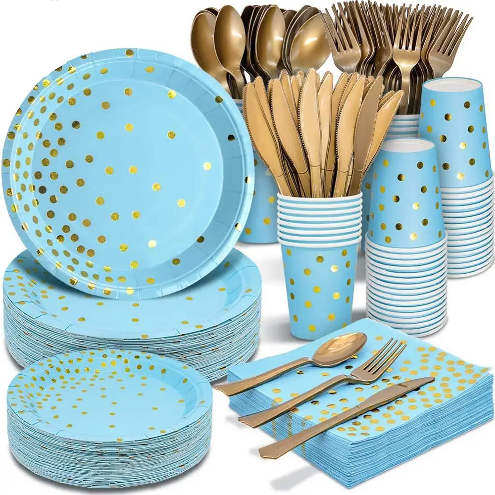 

Бронзирующий синий набор посуды в горошек, бумажная чашка, бумажная тарелка для одноразовой посуды, товары для дня рождения, украшение