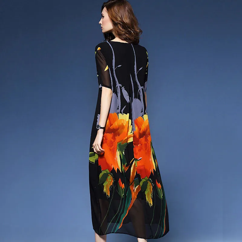 Женское летнее платье Элегантное Шелковое Платье макси в этническом стиле с