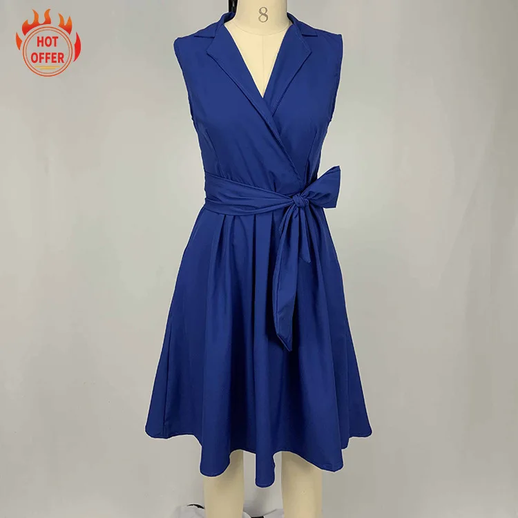 2021 Summer solid color waist sleeveless lapel A-line commuter dress mid-length dress women's clothing 
2021 Summer solid color waist sleeveless lapel A-line commuter dress mid-length dress women's clothing