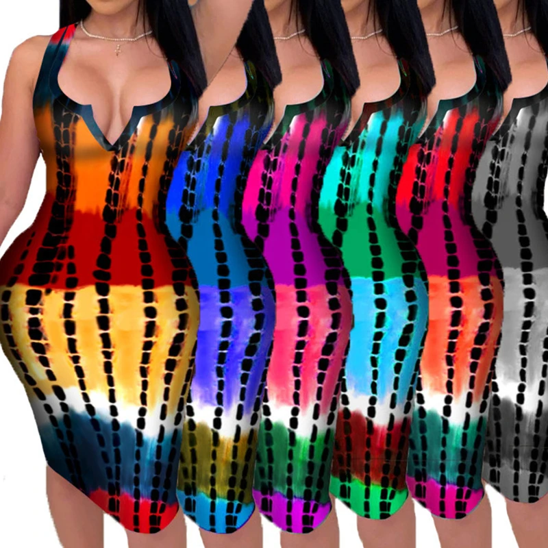 Plus Size Sexy Sleeveless V-neck Bodycon Dress Women New Tie-dye Striped Print Casual Slim Hips Tank Knee Length Party Vestidos
Plus Size Sexy Sleeveless V-neck Bodycon Dress Women New Tie-dye Striped Print Casual Slim Hips Tank Knee Length Party Vestidos