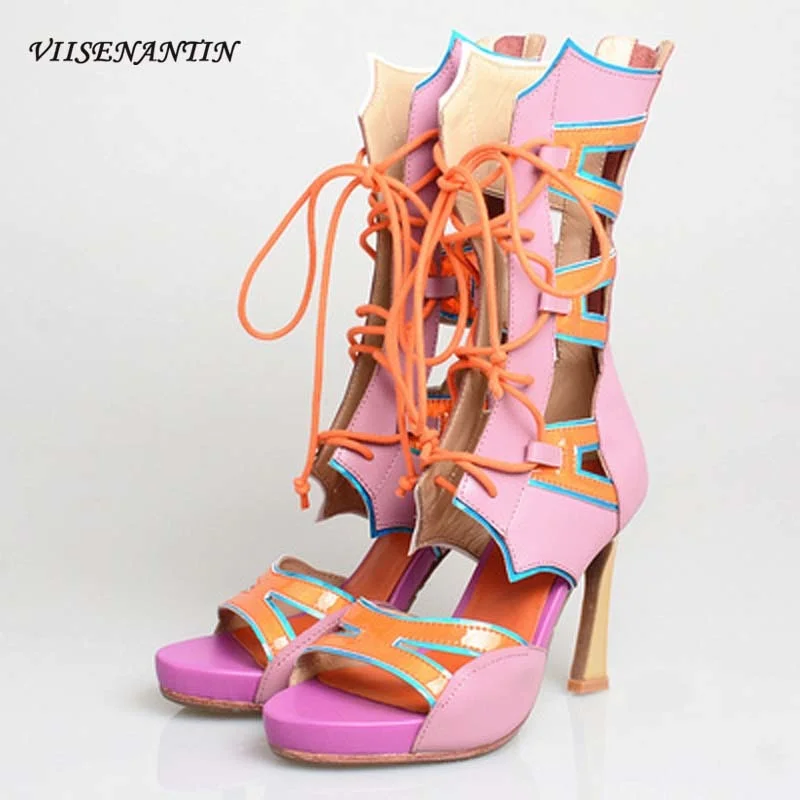 Open-toe Hollow Shallow Back Zipper High-top Sandals with Color Matching Cross Straps Ultra-high Stiletto Platform Sandals
Open-toe Hollow Shallow Back Zipper High-top Sandals with Color Matching Cross Straps Ultra-high Stiletto Platform Sandals