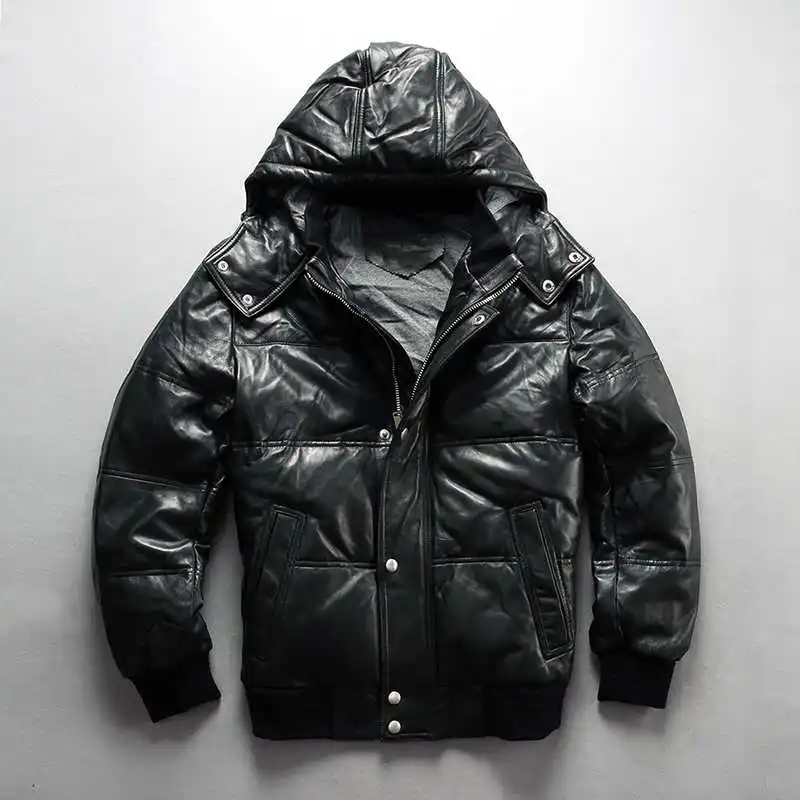 2021 men's hooded genuine leather down jacket black sheepskin winter leather coat men white duck down coat jacket for men
2021 men's hooded genuine leather down jacket black sheepskin winter leather coat men white duck down coat jacket for men