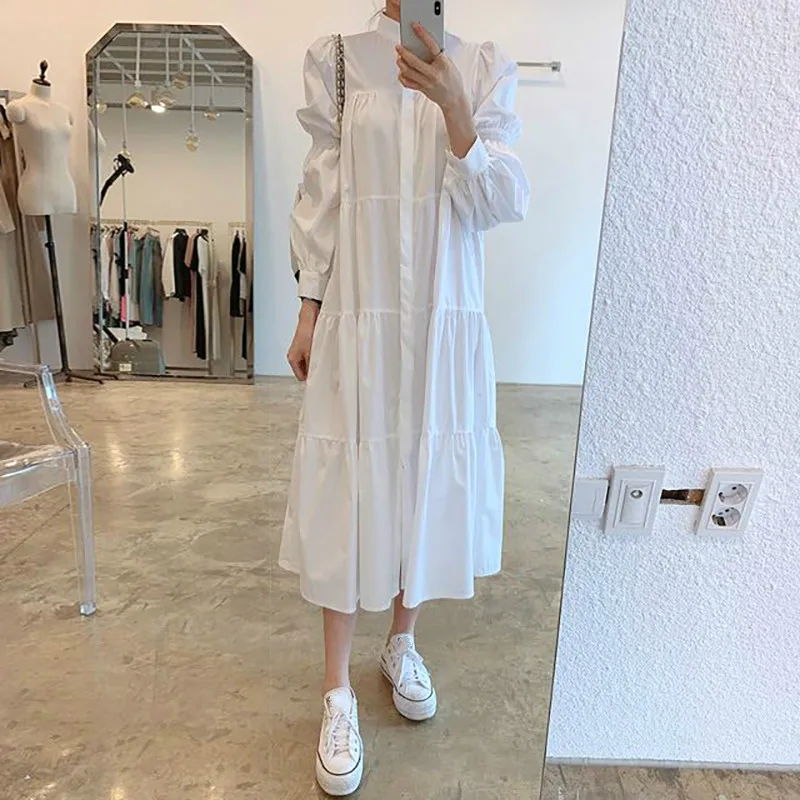 Women Solid Color A Line Vintage Dresses Korean Style Vestidos New Arrival Stand Collar Long Sleeve White Dress
Women Solid Color A Line Vintage Dresses Korean Style Vestidos New Arrival Stand Collar Long Sleeve White Dress