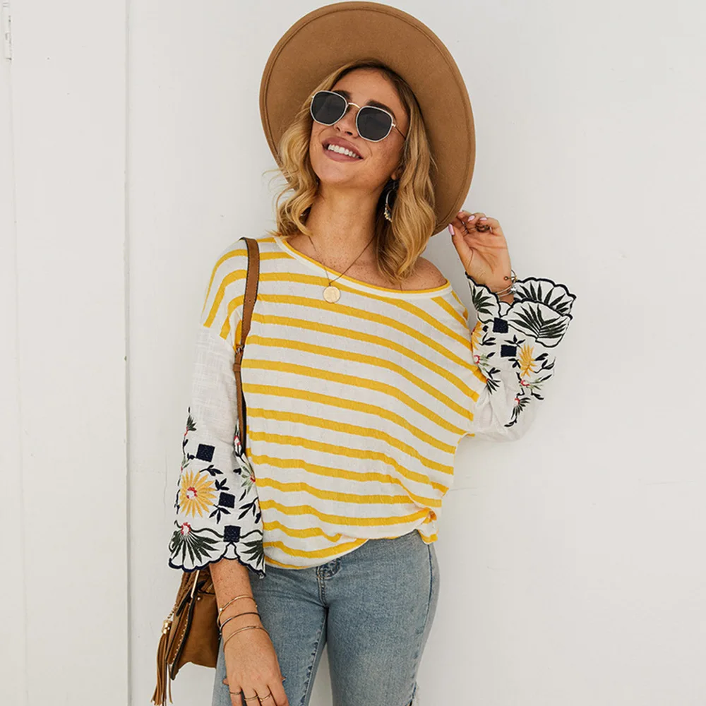 T Shirt Women Cotton Elegant Stripped Tops Long Sleeve Shirts Casual Embroidery Round Neck Pullovers New Women's T-shirts Tees
T Shirt Women Cotton Elegant Stripped Tops Long Sleeve Shirts Casual Embroidery Round Neck Pullovers New Women's T-shirts Tees