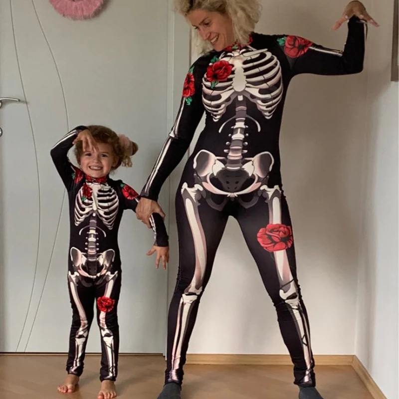 Костюм страшный со скелетом розы для взрослых и детей платье на Хэллоуин косплей