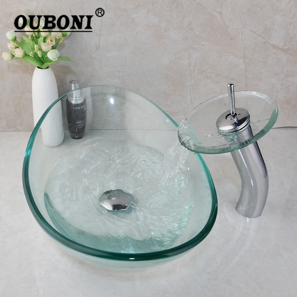 

OUBONI Waterfall Tap Washbasin Glass Hand-Painted Lavatory Chrome Bathroom Sink Bath Combine Brass Basin Mixer Tap Faucet