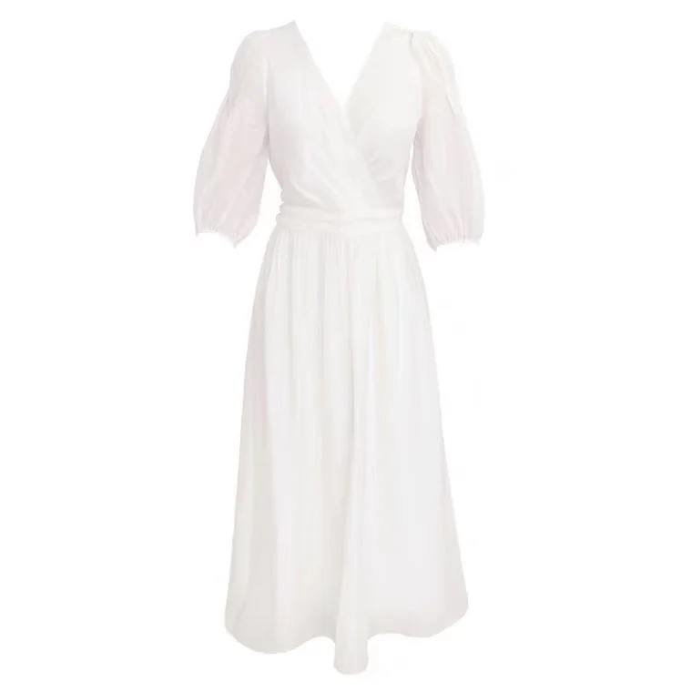 Women Summer Loose Solid Chiffon Empire Casual Puff Sleeve Girls V-Neck Long Dress Female 
Women Summer Loose Solid Chiffon Empire Casual Puff Sleeve Girls V-Neck Long Dress Female