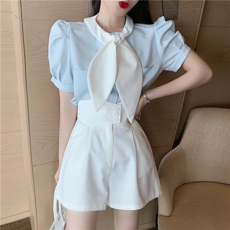 Korean OL Two Piece Set Women Bow Puff Sleeve Loose Shirt Top + High Waist Wide Leg Pants Suits Blouse Shorts Fashion Suit
Korean OL Two Piece Set Women Bow Puff Sleeve Loose Shirt Top + High Waist Wide Leg Pants Suits Blouse Shorts Fashion Suit