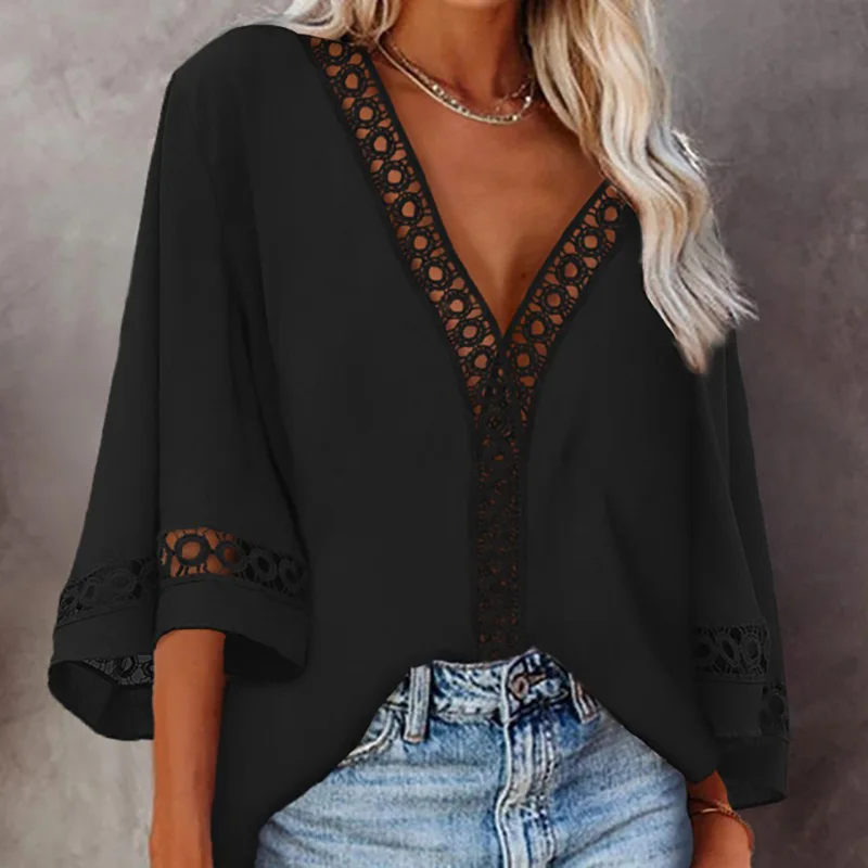 Summer V-Neck Solid Color Blouse Ladies Hollow Out Three Quarter Bell Sleeve Outdoor Casual Tops Female Loose Blouse Shirt 
Summer V-Neck Solid Color Blouse Ladies Hollow Out Three Quarter Bell Sleeve Outdoor Casual Tops Female Loose Blouse Shirt