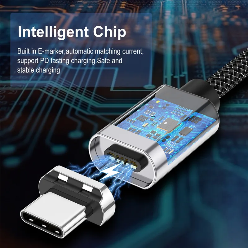 Магнитный кабель USLION 5A USB Type C к для MacBook 100 Вт PD Сверхбыстрая зарядка USB-C Type-C провод