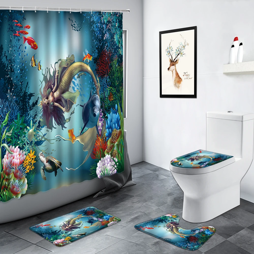 

Dolphin Mermaid Shower Curtain Sea Turtle Tropical Fish Coral Underwater World Scenery Bathroom Non-slip Rug Toilet Bath Mat Set