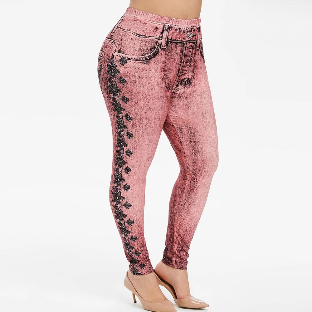 ROSEGAL Pull On Floral Printed Plus Size Jeggings Women Elastic Mid Waist Leggings Big Skinny Push Up Legins 5XL | Женская одежда