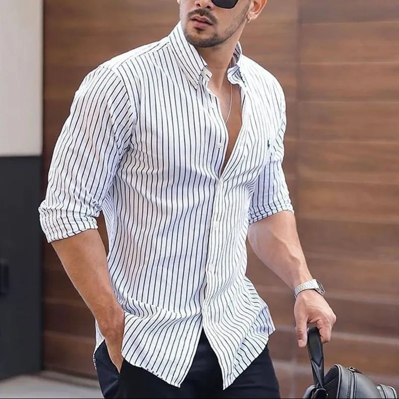 

Black And White Pinstripe Gents Casual Shirts Mens Light Blue Lapel Work Shirts Mens Fashionable Stylish Red 2021 Trendy Clothes