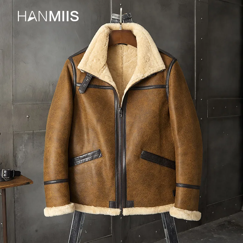 

Кожаная куртка HANMIIS-B1 из овчины, мужские кожаные меховые куртки, куртки-бомберы, Мужская одежда, мотоциклетные, зимние мужские, военные