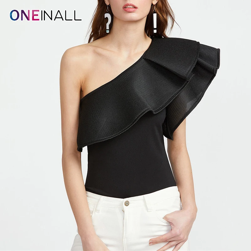 

ONEINALL Patchwork Sexy Playsuits For Women Diagonal Collar One Shoulder Short Sleeve Playsuit Female Summer Clothing 2021