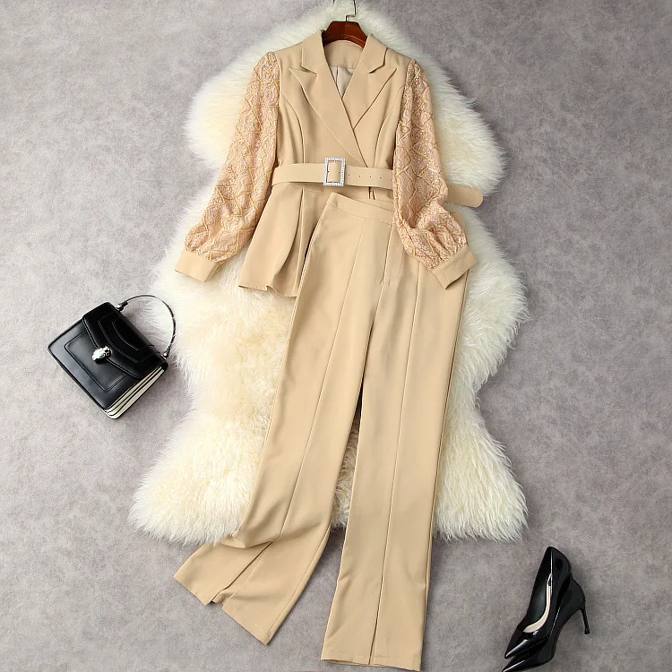 Осень 2022, женская одежда для Европы и США, блестящие кружевные брюки с длинным рукавом и поясом, модные костюмы
Осень 2022, женская одежда для Европы и США, блестящие кружевные брюки с длинным рукавом и поясом, модные костюмы