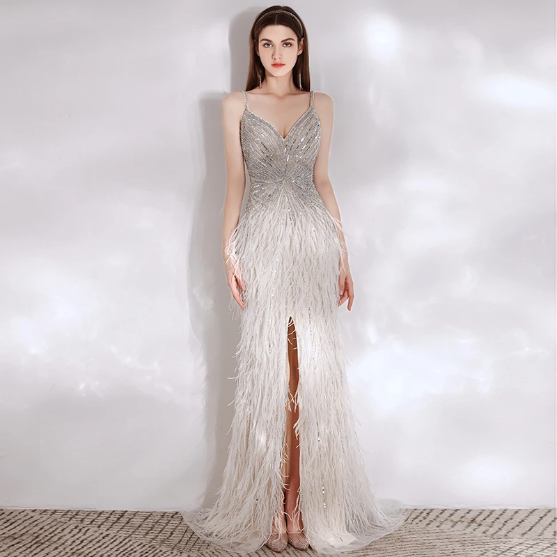 Elegant Mermaid Prom Pageant Dresses Bling Crystal Beads Feather Formal Long Robe De Mariée Spaghetti Strap Party Evening Dress
Elegant Mermaid Prom Pageant Dresses Bling Crystal Beads Feather Formal Long Robe De Mariée Spaghetti Strap Party Evening Dress