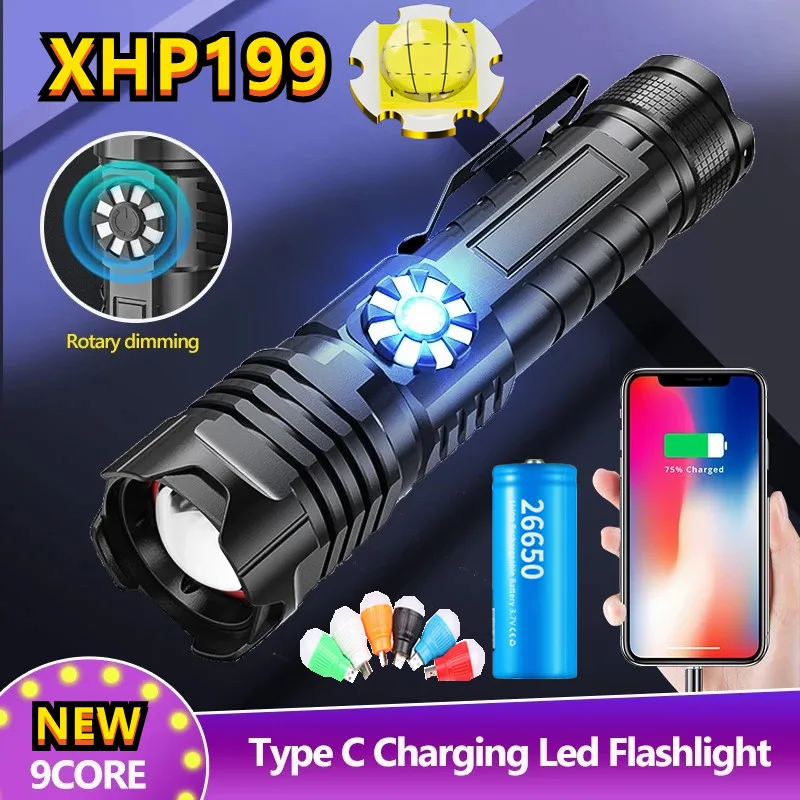XHP199 9Core Powerful LED Flashlight 900000LM USB Rechargeable Stepless Dimming 5Modes Zoom Torch Tactial Flashlight 18650/26650
XHP199 9Core Powerful LED Flashlight 900000LM USB Rechargeable Stepless Dimming 5Modes Zoom Torch Tactial Flashlight 18650/26650