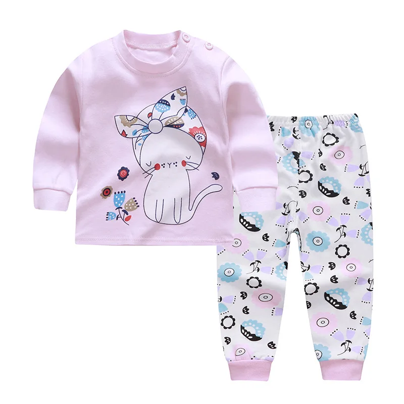 Осенне-весенний пижамный комплект для девочек розовая одежда с котом футболка