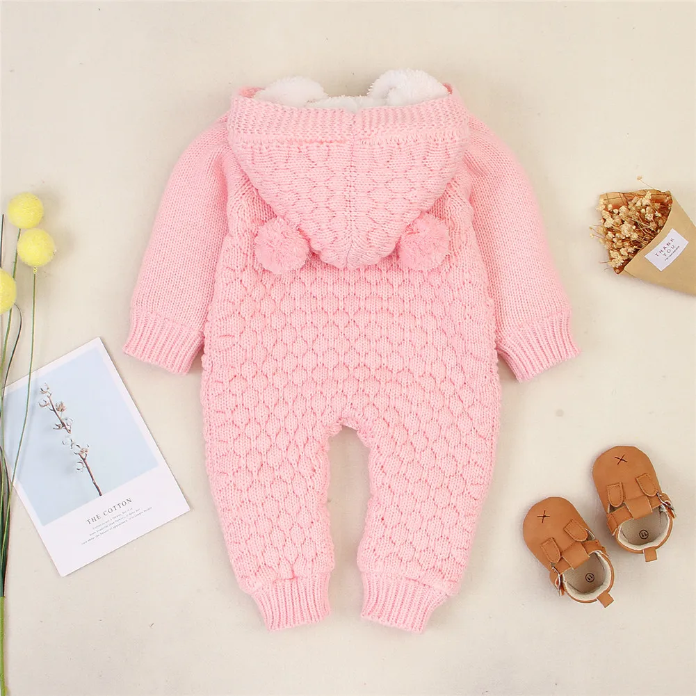 

Cute Toldder Newborn Winter Baby Girls Boys Rompers Knit Fur Long Sleeve Single Breasted Solid Hooded Warm Jumpsuits 0-24M