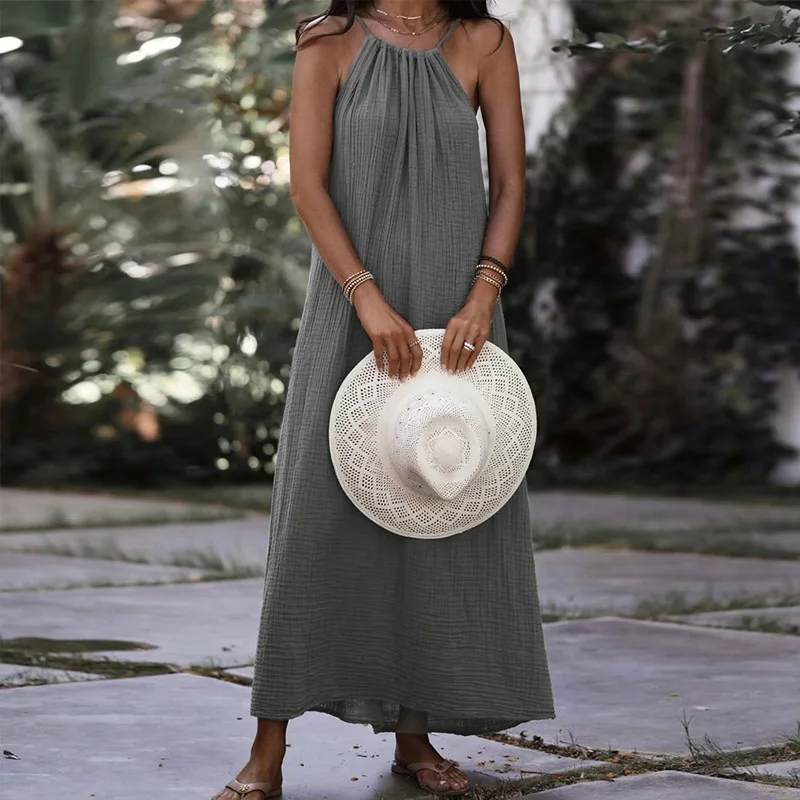 2021 Summer Sexy Halter neck Sleeveless Loose Waist Dress Casual Solid Women Hem Long Beach Dress Sexy Party Dress 
2021 Summer Sexy Halter neck Sleeveless Loose Waist Dress Casual Solid Women Hem Long Beach Dress Sexy Party Dress