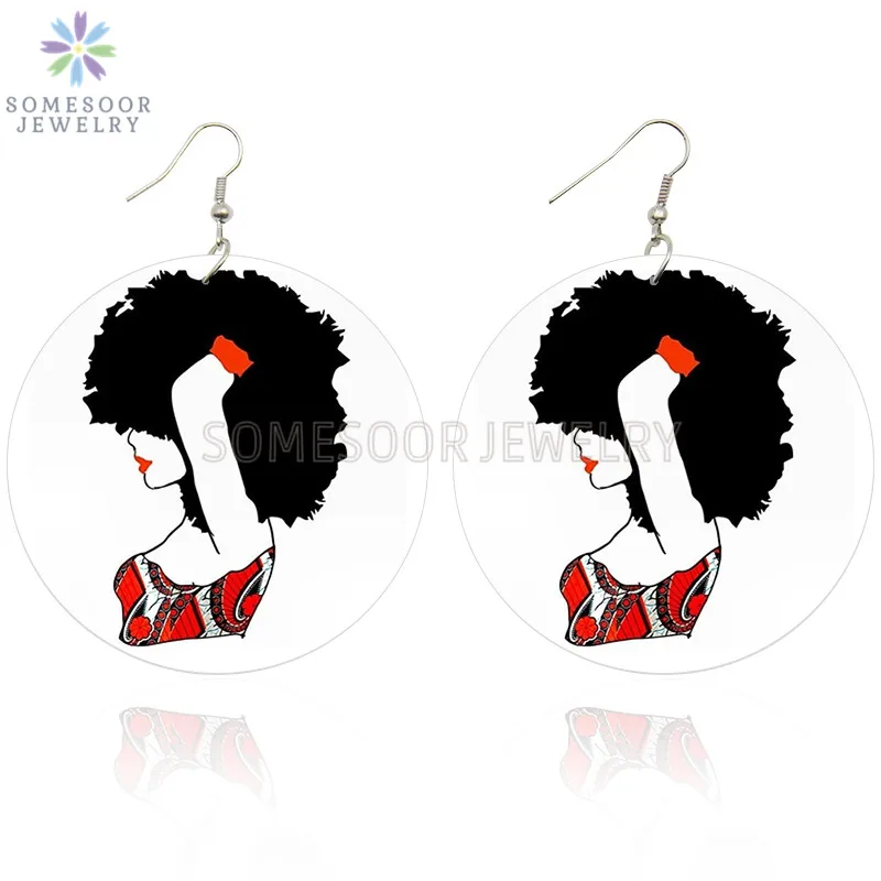 

SOMESOOR Both Sides Printed Afro Ethnic Natural Hair Girl African Wooden Drop Earrings Photos Pendant Dangle For Women Gift