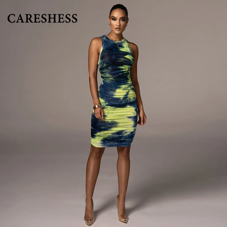 CARESHESS 2021 Summer Women Sleeveless Printed dress Bodycon Pleated Slim Package Hip Dress Sundress Female Clothing Streetwear
CARESHESS 2021 Summer Women Sleeveless Printed dress Bodycon Pleated Slim Package Hip Dress Sundress Female Clothing Streetwear