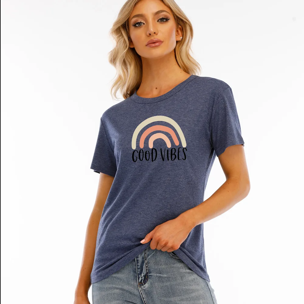 Female Rainbow Printing Good Vides Letter Print Fashion Soft Funny 2021 Comfort Women Tops Crew Neck Lady Short Sleeve T-shirt
Female Rainbow Printing Good Vides Letter Print Fashion Soft Funny 2021 Comfort Women Tops Crew Neck Lady Short Sleeve T-shirt