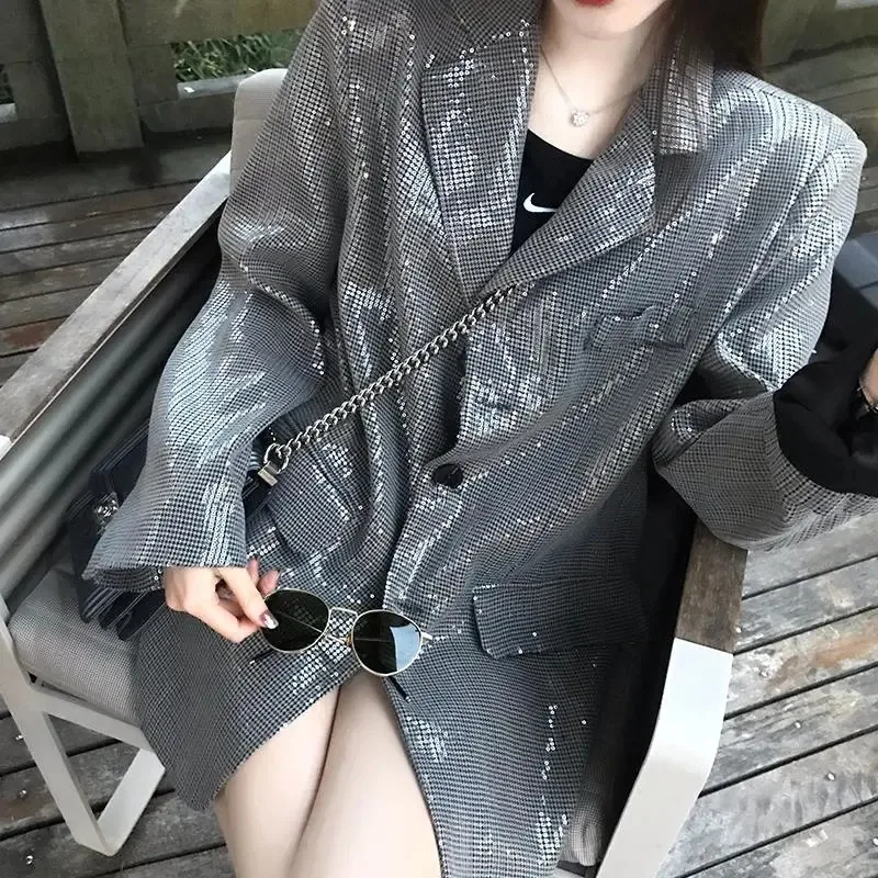 

Korean Women Houndstooth Sequin Blazers Loose Casual Notched Collar Long Sleeve Single-breasted Office Lady Female Suit Jacket