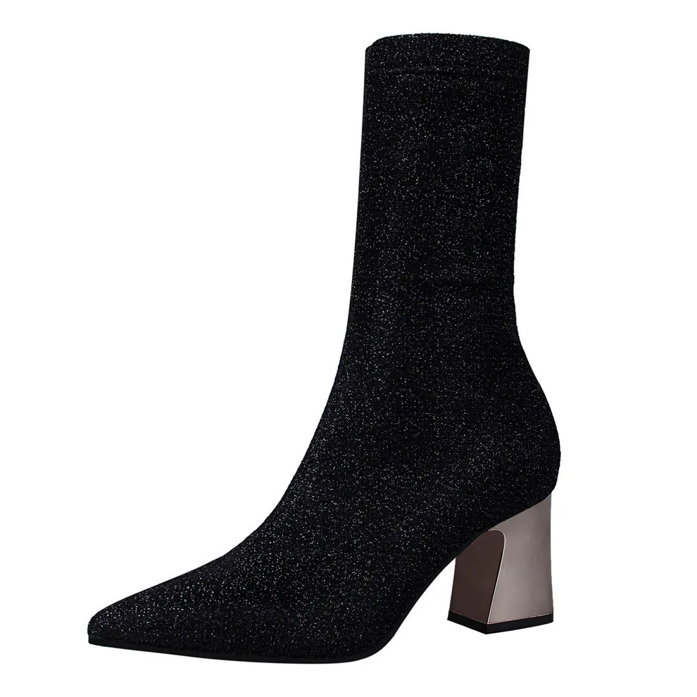 Stretch Knitting Women Short Boots Metal Sequare Heel Female Fashion Boots Autumn Pointed High Heels Black Boots Woman
Stretch Knitting Women Short Boots Metal Sequare Heel Female Fashion Boots Autumn Pointed High Heels Black Boots Woman