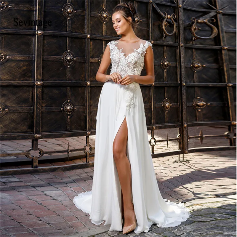 Sevintage Princess Robe Mariage Femme Boho Wedding Dress Sheer O-Neck Lace Appliques Chiffon Bridal Gowns Split Side Open BacK
Sevintage Princess Robe Mariage Femme Boho Wedding Dress Sheer O-Neck Lace Appliques Chiffon Bridal Gowns Split Side Open BacK