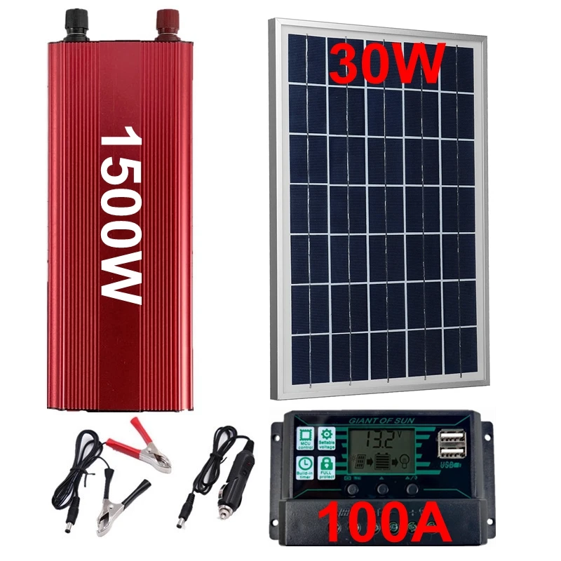 220V Solar Power System 30W Solar Panel 12V 18V Battery Charger 1500W Inverter USB Kit Complete Controller Home Grid Camp Phone
220V Solar Power System 30W Solar Panel 12V 18V Battery Charger 1500W Inverter USB Kit Complete Controller Home Grid Camp Phone