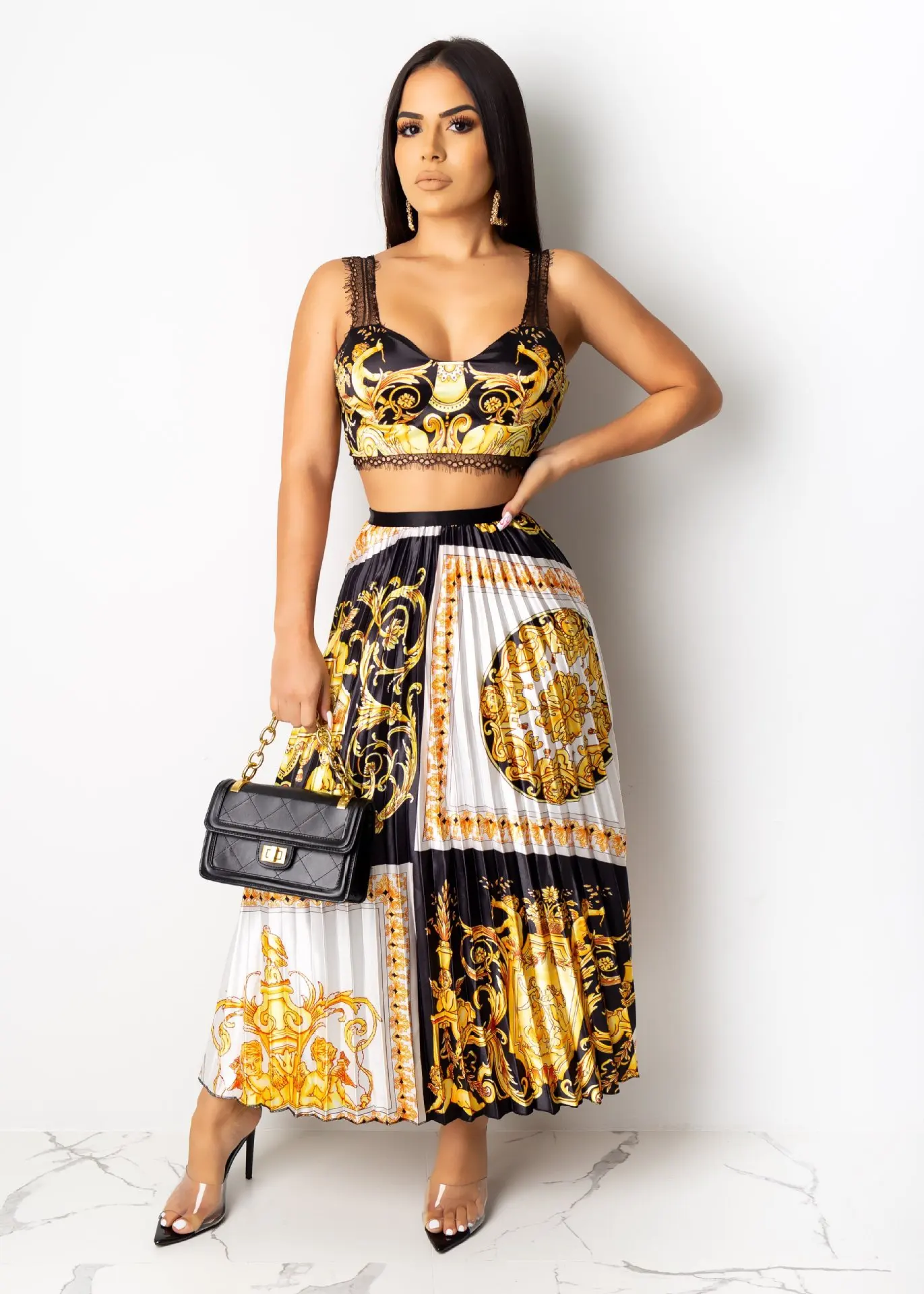 FNOCE Foreign Trade Cross-border Women's sexy Fashion Lace Side Sling Printed Vest Big Swing Pleated Women's skirt Suit
FNOCE Foreign Trade Cross-border Women's sexy Fashion Lace Side Sling Printed Vest Big Swing Pleated Women's skirt Suit