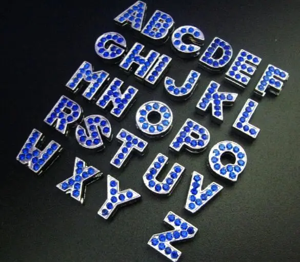 

Dark Blue rhinestones slide letter 26pcs/lot 8mm A - Z fit for 8mm leather wristband keychains diy charms