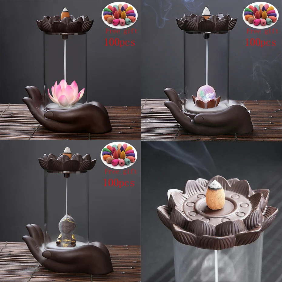 

Zen Buddha Hand Incense Burners Backflow Incense Burner Holder Lotus Home Decor Joss Stick Aroma Tower Censer Home Unique Crafts