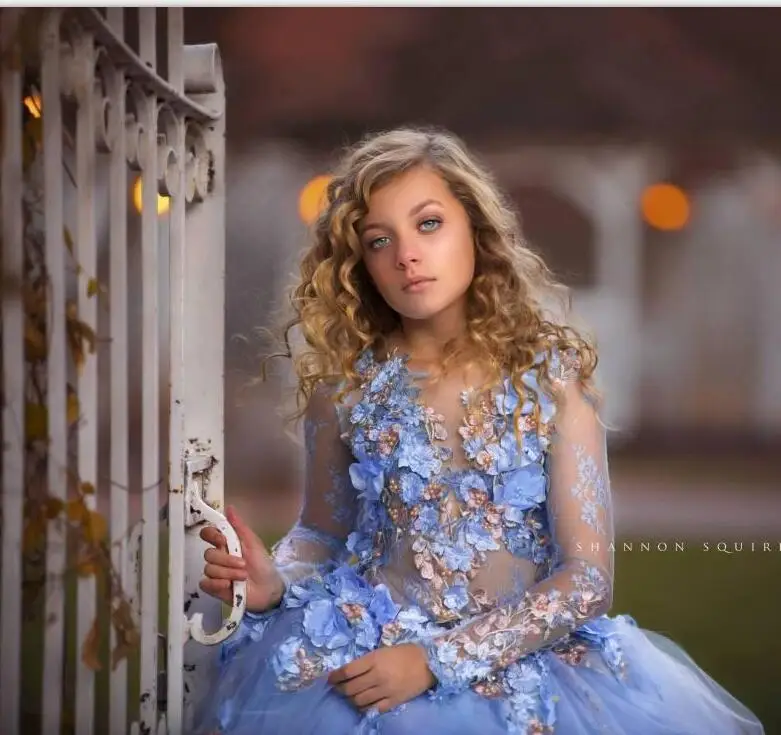 2020 Light Blue Flower Girl Dresses For Wedding Lace 3D Floral Appliqued Girls Pageant Dress Long Sleeve First Communion Gowns | Свадьбы и