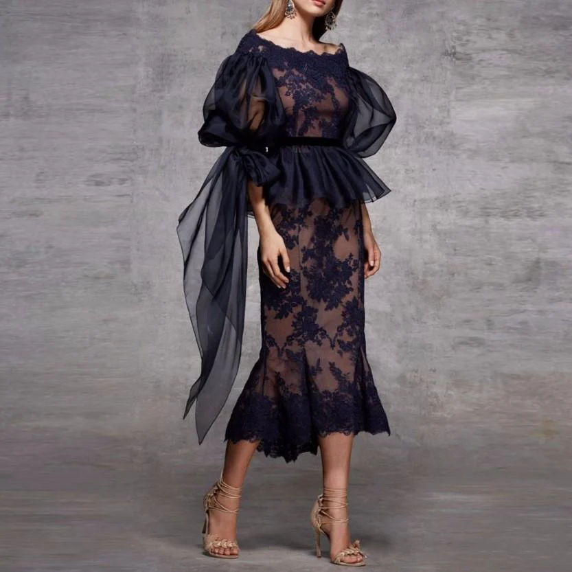 

2019 Scoop Neck Lace Peplum Mermaid Evening Dress Ruched Half Sleeves Tea Length Formal Party Prom Dresses Navy Blue Women Gowns