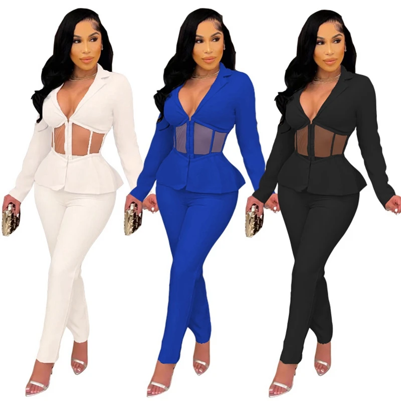 Sheer Mesh Ruffle Patchwork Women 2pcs Blazer Set Long Sleeve Deep V Neck Crop Top And Long Skinny Trousers Casual Matching Set
Sheer Mesh Ruffle Patchwork Women 2pcs Blazer Set Long Sleeve Deep V Neck Crop Top And Long Skinny Trousers Casual Matching Set