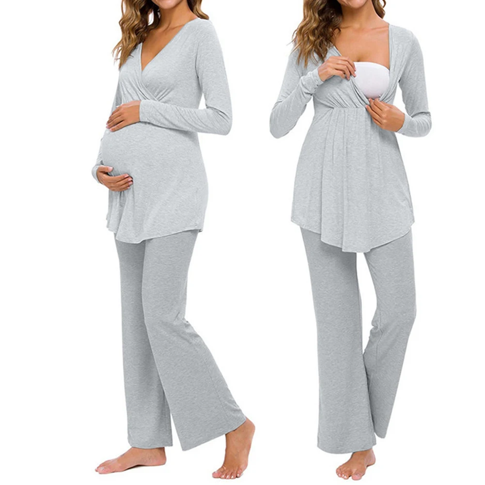 Women Elastic Nursing Pajama Set Solid Color Long Sleeves Tops Pants For Maternity Cotton Blend V Neck Double Layer 
Women Elastic Nursing Pajama Set Solid Color Long Sleeves Tops Pants For Maternity Cotton Blend V Neck Double Layer