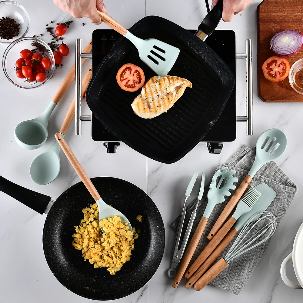 11 Pcs Kitchen Utensils Cooking Set Silicone Kitchenware with Wooden Handle Baking Spoon Shovel Set Light Green
11 Pcs Kitchen Utensils Cooking Set Silicone Kitchenware with Wooden Handle Baking Spoon Shovel Set Light Green