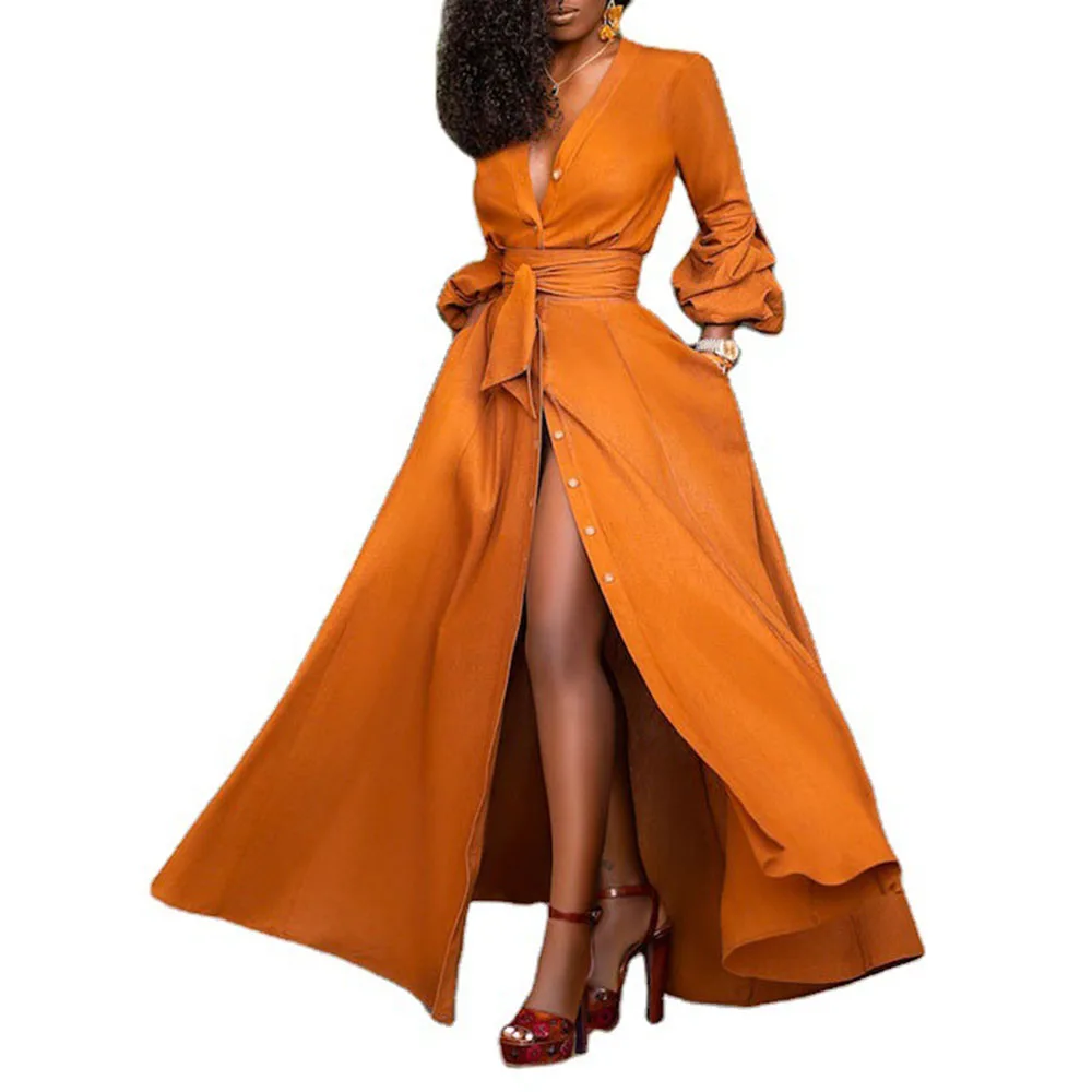 African 2021 Women's Dress Western Style Fashion Temperament Solid Color High Waist V-neck Single-breasted Long Sleeve Autumn
African 2021 Women's Dress Western Style Fashion Temperament Solid Color High Waist V-neck Single-breasted Long Sleeve Autumn