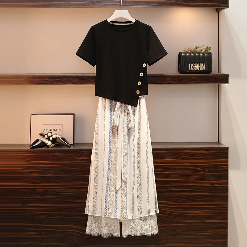 Plus size women vintage set summer new fashion irregular button T shirt top and lace patchwork stretch pants two piece suit big
Plus size women vintage set summer new fashion irregular button T shirt top and lace patchwork stretch pants two piece suit big