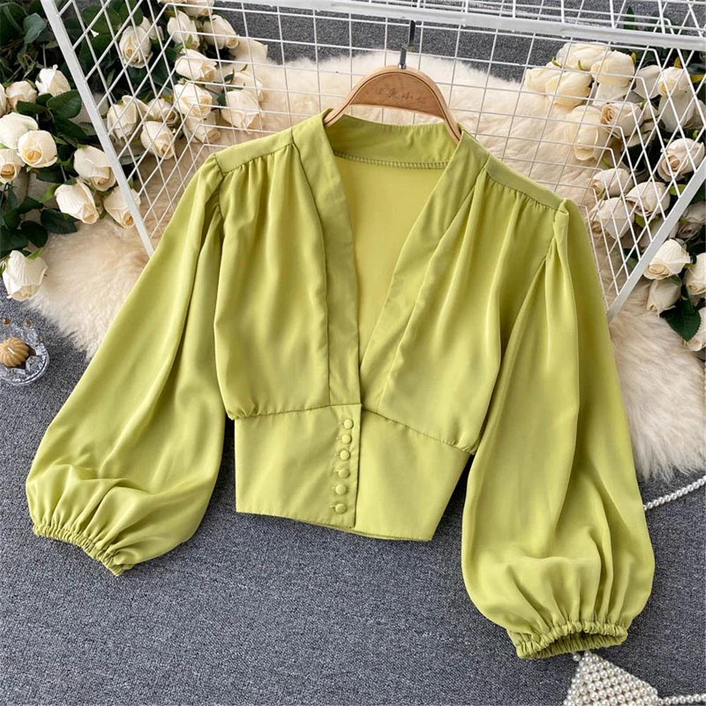 Chic Fashion Women Blouses Autumn Deep V Neck Basic Crop Top French Lancern Sleep Shirt Tops Female Blouse Woman Clothing 2021
Chic Fashion Women Blouses Autumn Deep V Neck Basic Crop Top French Lancern Sleep Shirt Tops Female Blouse Woman Clothing 2021