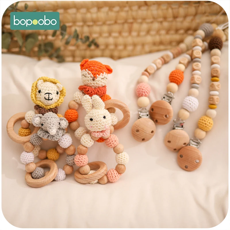 Bopoobp Baby Rattle 2pcs/Set Crochet Cartoon Anima lWooden Bracelet Custom Pacifier Chain Kids Teether Rattle Educational Toys
Bopoobp Baby Rattle 2pcs/Set Crochet Cartoon Anima lWooden Bracelet Custom Pacifier Chain Kids Teether Rattle Educational Toys