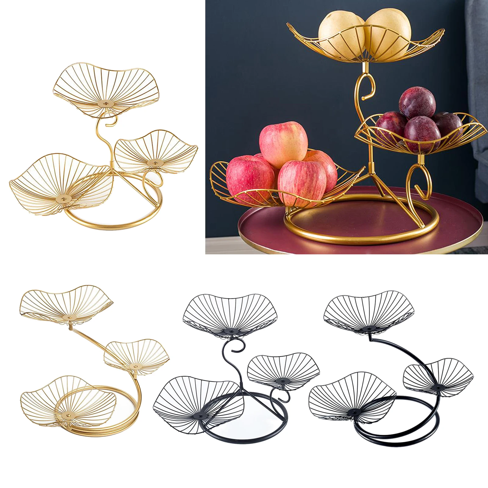 

Lotus Leaf Fruit Bowl Display Basket Iron Wire Fruit Drainer Holder Dish 3 Tier for Snacks Cookies Candies
