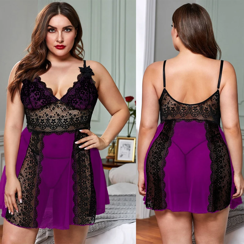 CyiExi Plus Size Sexy Lace Sleepwear Night Dress Women Hollow Out V-neck Sleeveless + Thong Female Nightwear Nightgown Set | Женская