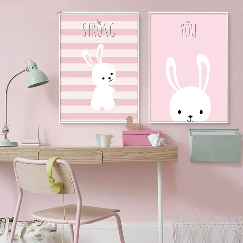 Kawaii розовый мультфильм холст постер кролик детская стена Художественная печать