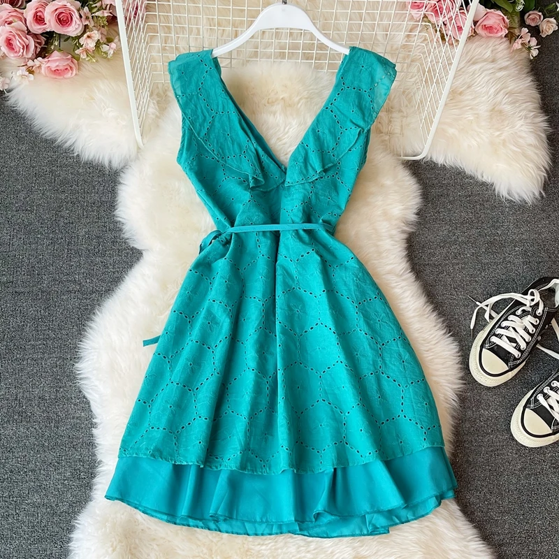 French Green One Piece Wrap Dress 2021 Summer New Ruffle V-neck Open Back Sleeveless Waist Slim A-line Robe Femme Ete
French Green One Piece Wrap Dress 2021 Summer New Ruffle V-neck Open Back Sleeveless Waist Slim A-line Robe Femme Ete